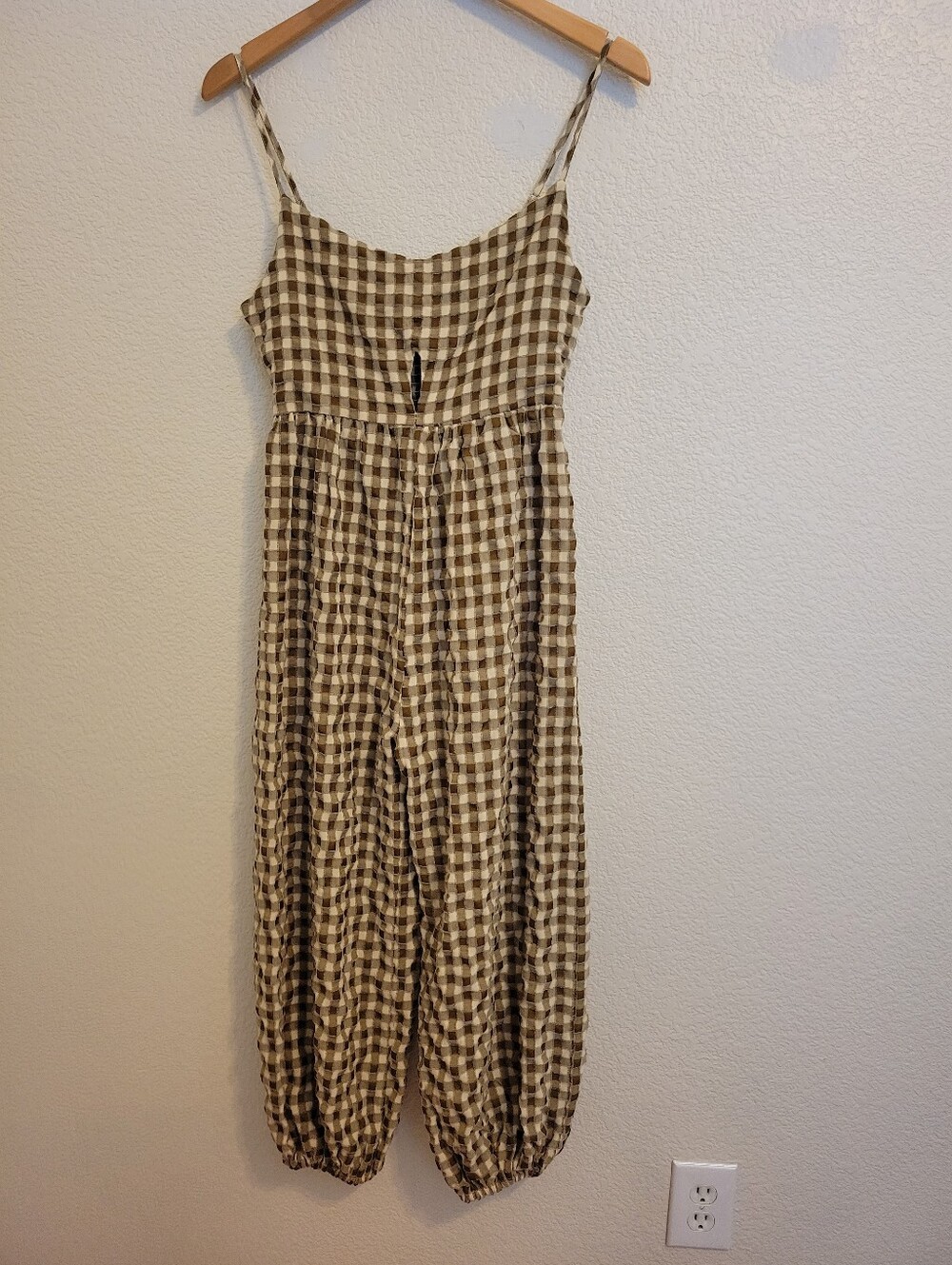 Storia Gingham Spaghetti Strap Jumpsuit in Brown & Cream Size Small